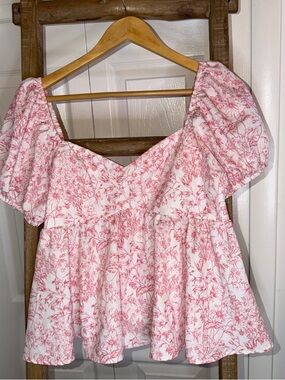 SHEIN White Top with Pink Floral Print and Puff Sleeves